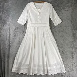 Simple Retro Dress Womens Size M White 100% Cotton Fiona Midi Cottage Lace Trim